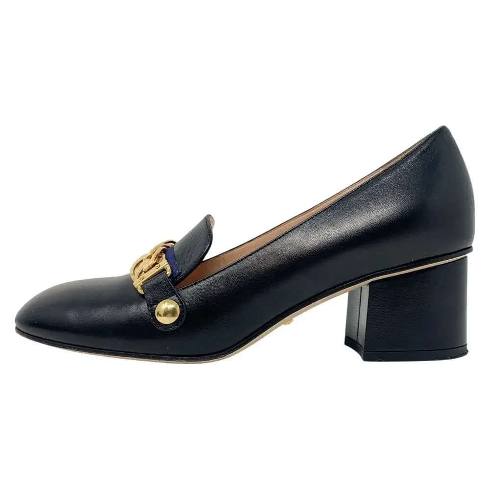 Gucci Sylvie Chain Black Leather Block Heel Pumps EU 37.5